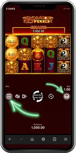 15 Dragon Pearls mobile bet and controls screen