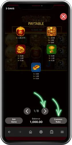 15 Dragon Pearls mobile paytable and common rules